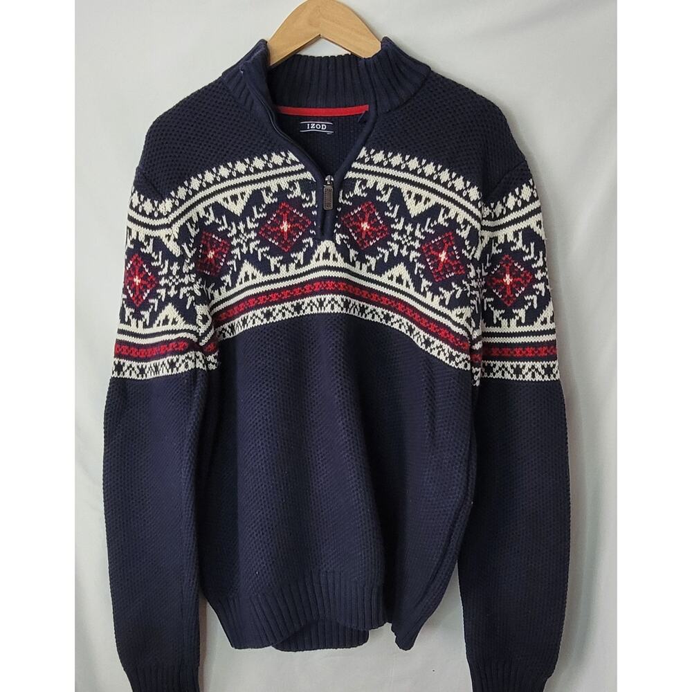 Izod- Men's Fair Isle Pattern Quarter Zip Navy Blue sweater- size Large